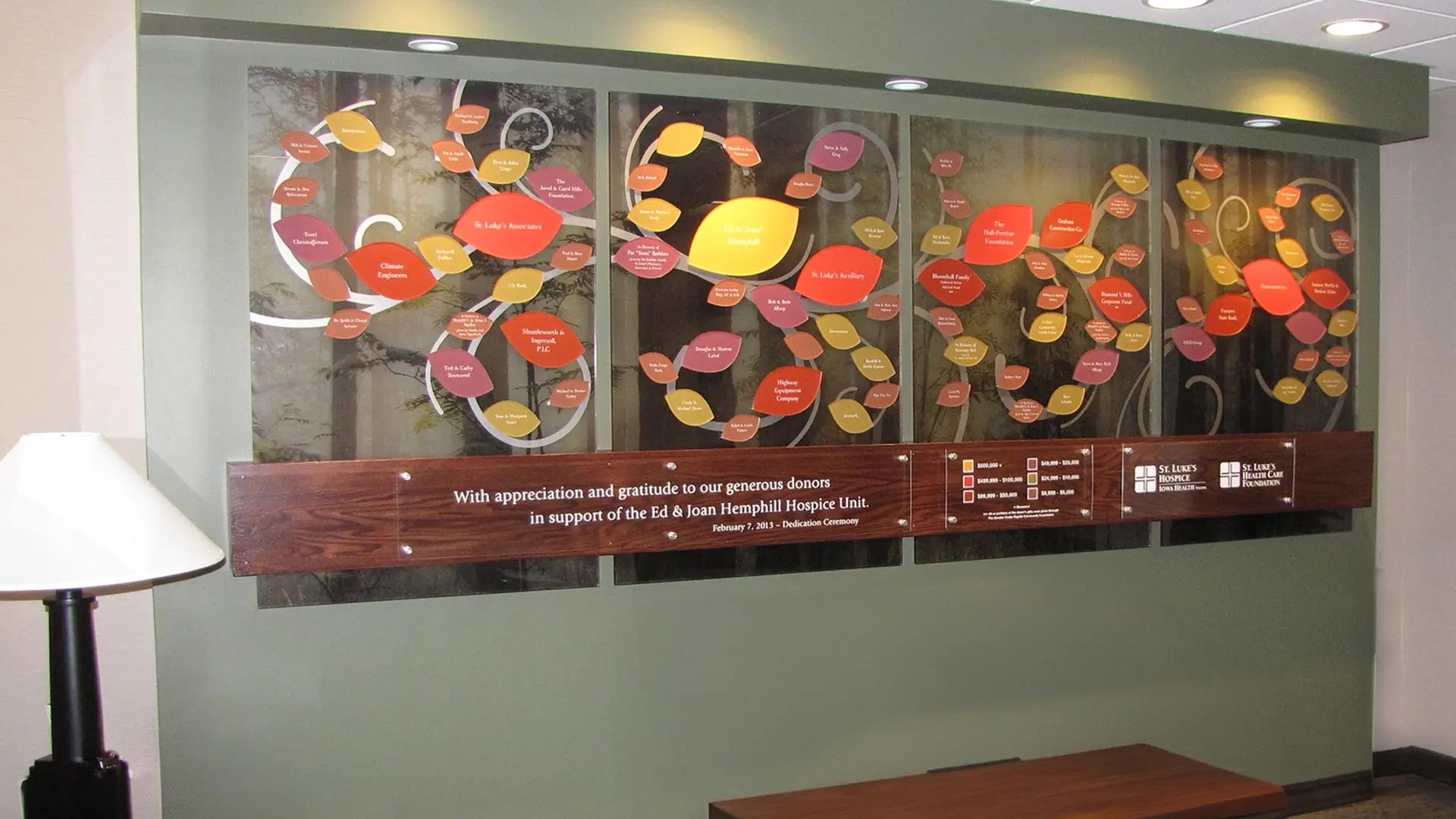 Hospice donor wall at UnityPoint Hospice featuring green acrylic panels, layered leaf donor plaques, and a wood accent band.