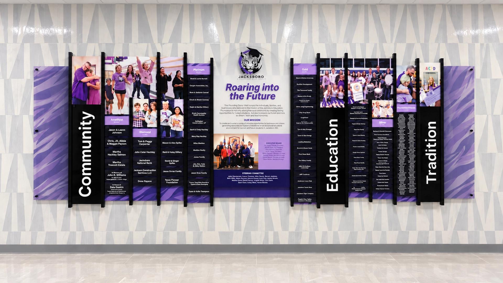 Texas school rail wall donor recognition with tiger mascot