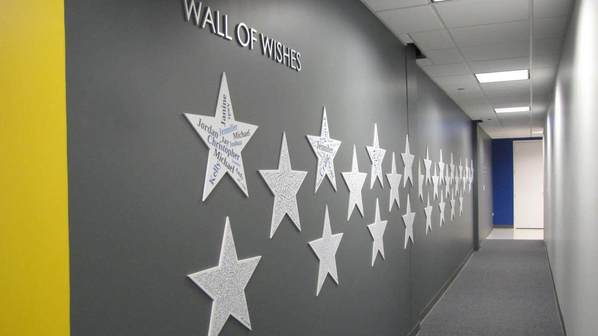 Wall of Wishes featuring star-shaped plaques with individual names of children receiving wishes, one star representing each year.