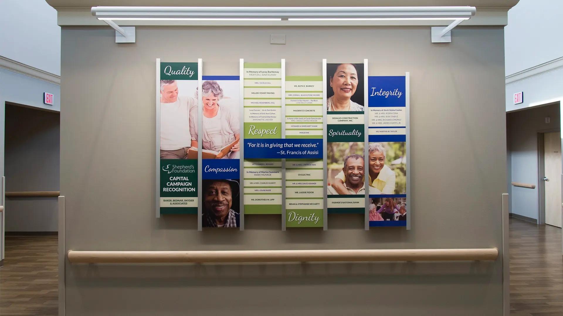 Shepherd’s Foundation Christ-centered donor wall built with the Rail Wall System highlighting capital campaign donors and faith-based values.