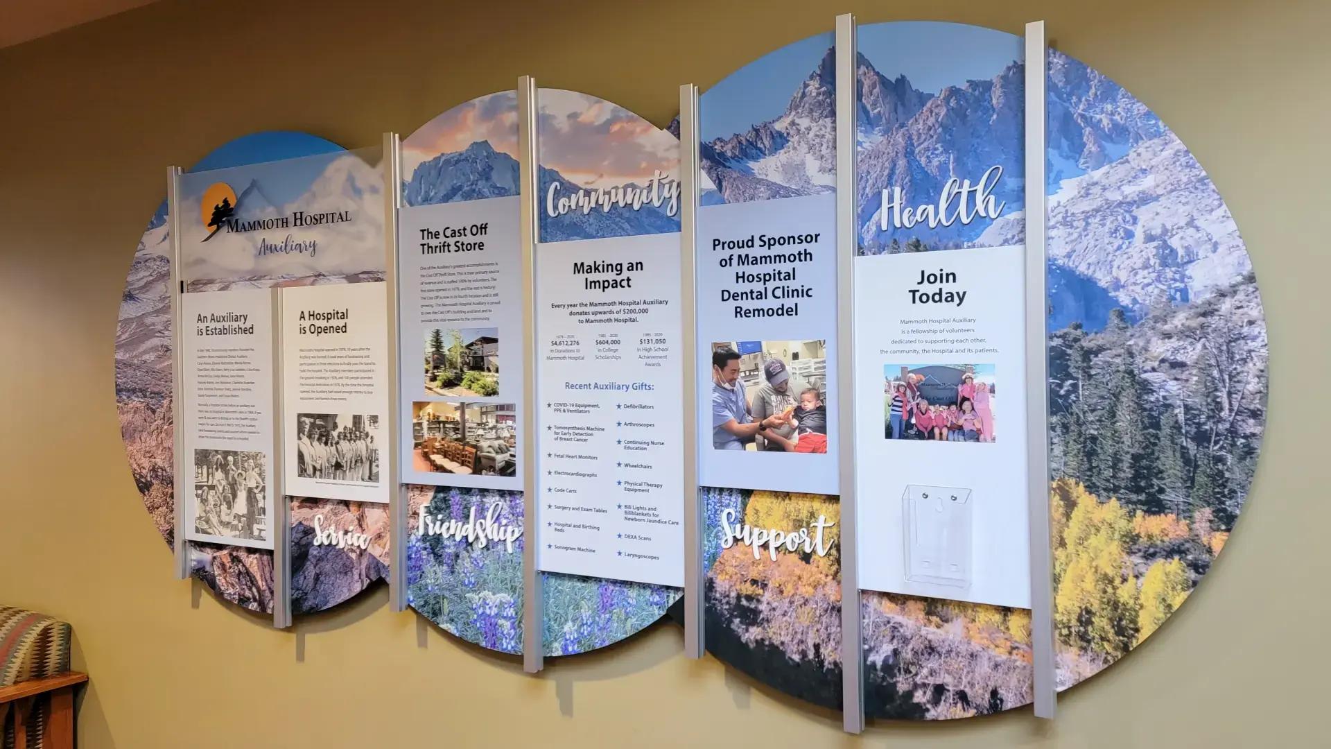 Mammoth Hospital donor wall built with the Rail Wall System featuring circular panels, mountain imagery, and community impact messaging.