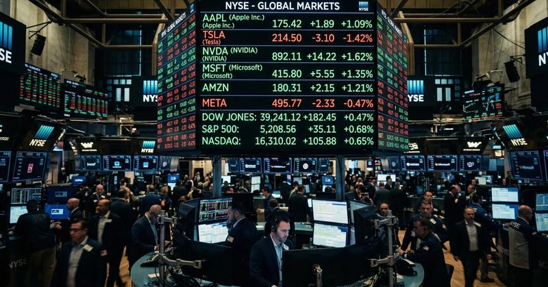 Busy NYSE trading floor with traders at monitors under a large ticker board of stock quotes and index prices