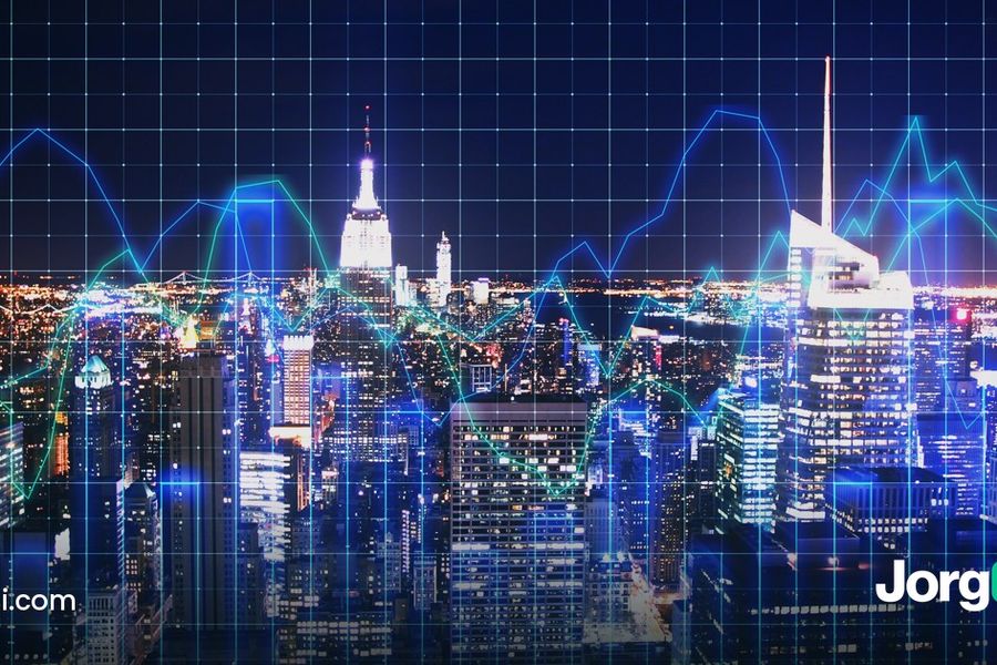 New York City skyline at night with a glowing stock chart overlay, cover for the study of what big tech IPOs did after listing