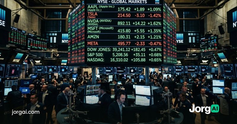 NYSE trading floor under a live quote board, representing the October 2026 stock market calendar of jobs, CPI, earnings, Fed and GDP dates