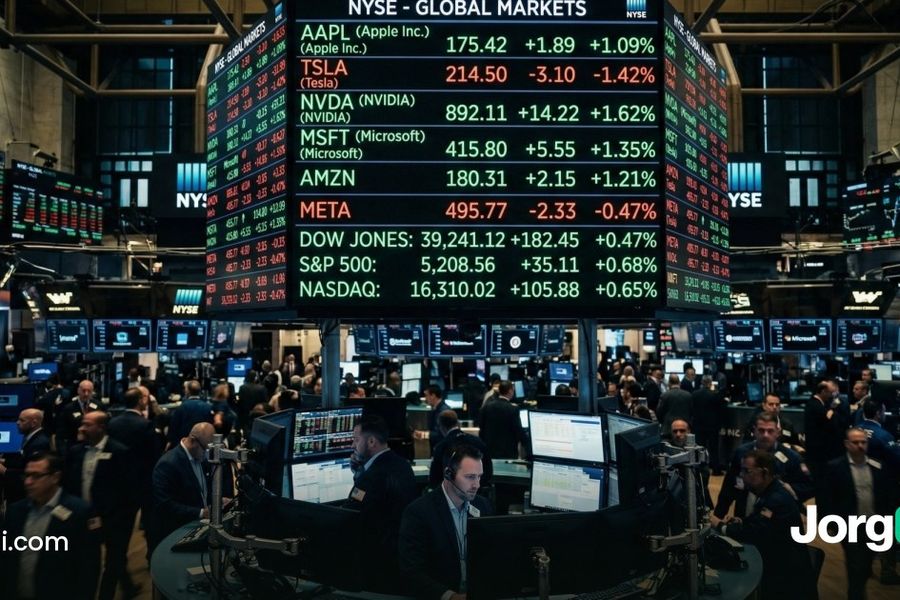 NYSE trading floor under a live quote board, representing the October 2026 stock market calendar of jobs, CPI, earnings, Fed and GDP dates