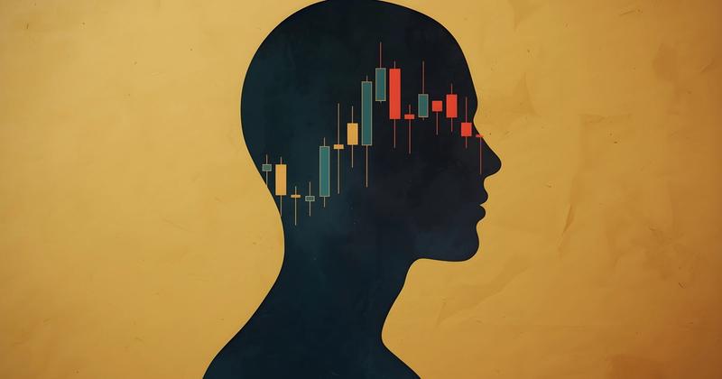 Dark silhouette of a human head in profile with a teal, yellow and red candlestick chart inside, on a mustard background