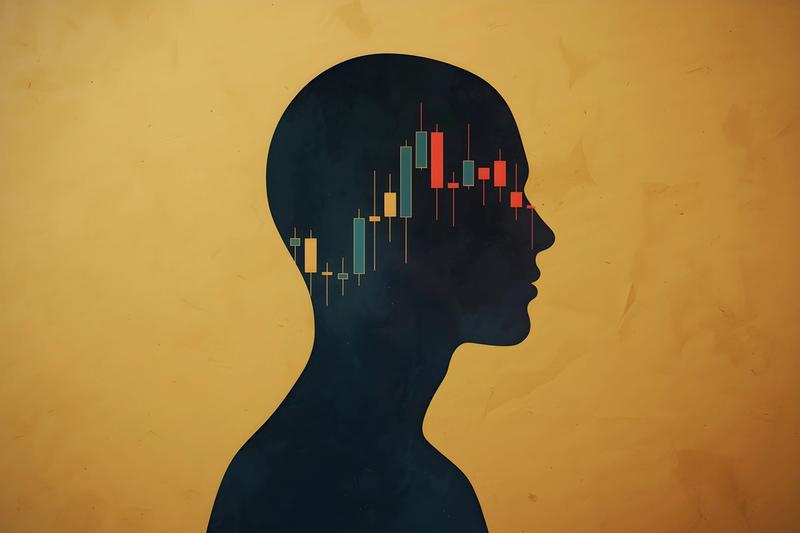 Dark silhouette of a human head in profile with a teal, yellow and red candlestick chart inside, on a mustard background