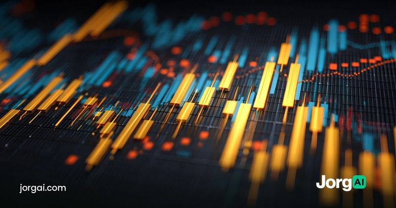 Volatile candlestick chart in orange and blue, illustrating market reaction to Hurricane Isaias and past Gulf hurricanes