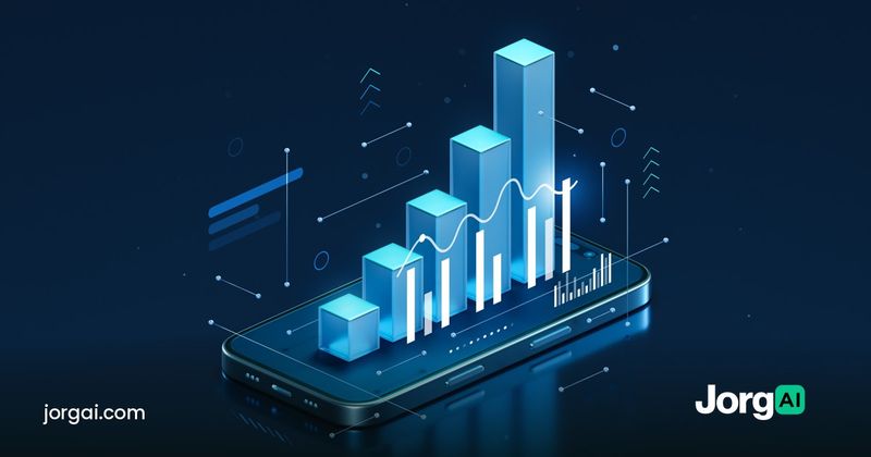 Three-dimensional rising bar chart on a phone screen, cover for the SpaceX and Nasdaq-100 index funds post