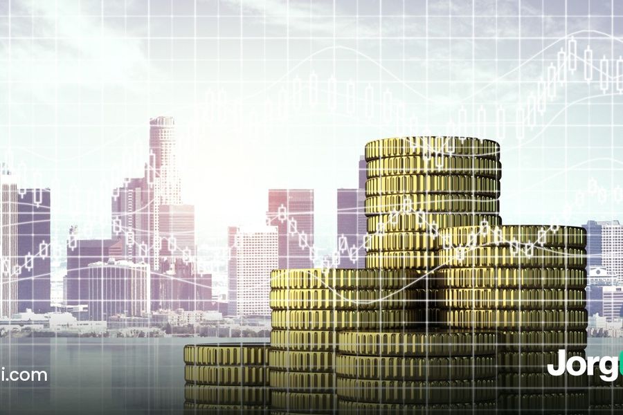 Piles of gold coins with a business chart over a city skyline, cover for the Kraken vs Crypto.com automated trading comparison