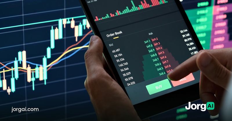 Finger pressing a buy or sell button on a trading screen, cover for the broker API order-type comparison