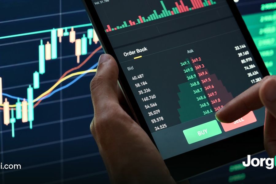 Finger pressing a buy or sell button on a trading screen, cover for the broker API order-type comparison