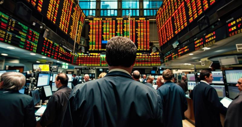 Crowded exchange floor with traders facing a wall of red and green quote boards as the Trump-Xi summit news lands