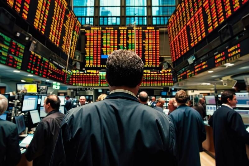 Crowded exchange floor with traders facing a wall of red and green quote boards as the Trump-Xi summit news lands