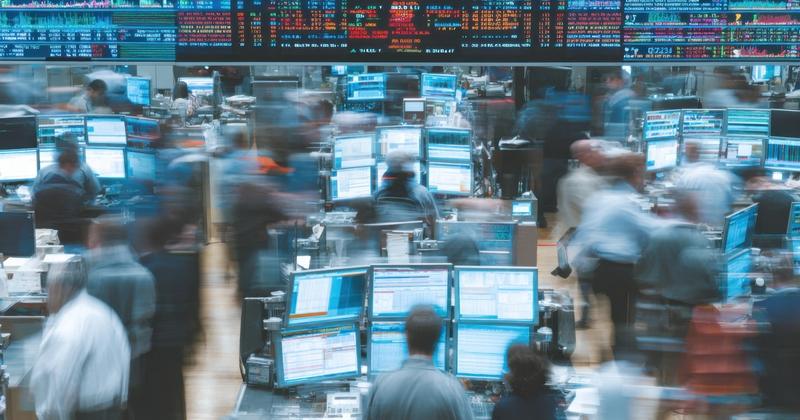 Motion-blurred trading floor crowded with traders and screens during the 2026 government shutdown scare