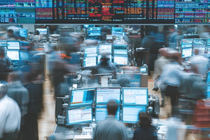 Motion-blurred trading floor crowded with traders and screens during the 2026 government shutdown scare