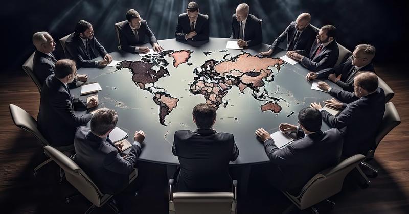 High-angle view of men in dark suits seated around a round table with a world map covering its surface