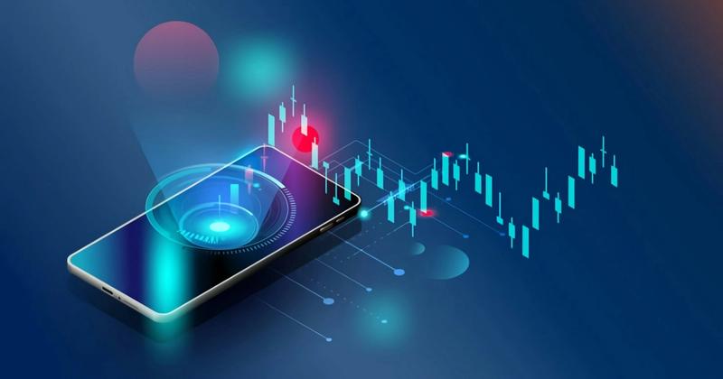 Illustration of a smartphone projecting a glowing hologram beside a floating candlestick chart on a dark blue background