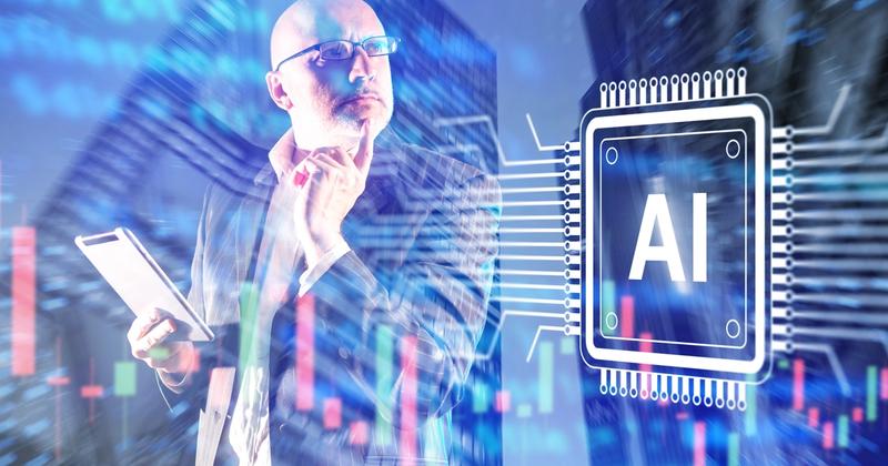 business professional using tablet analyzing AI chip interface with financial stock market charts and real time trading analytics