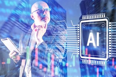 business professional using tablet analyzing AI chip interface with financial stock market charts and real time trading analytics