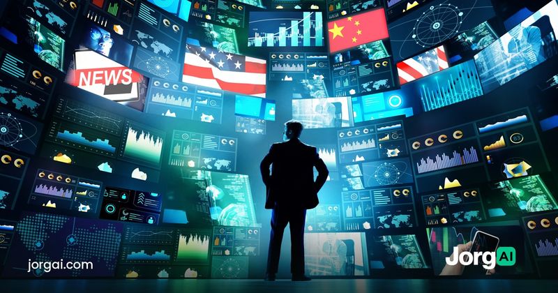 Person facing a wall of news and market screens with an American flag, cover for the midterm elections study