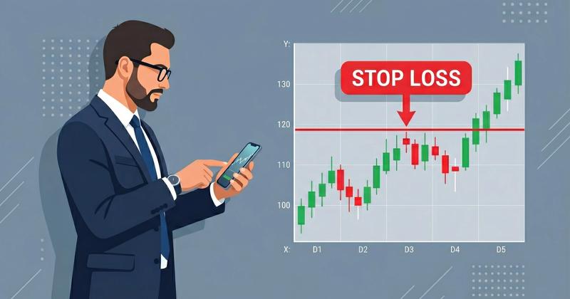 Illustrated man in a suit checking his phone beside a candlestick chart with a red line labeled STOP LOSS