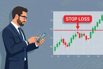 Illustrated man in a suit checking his phone beside a candlestick chart with a red line labeled STOP LOSS