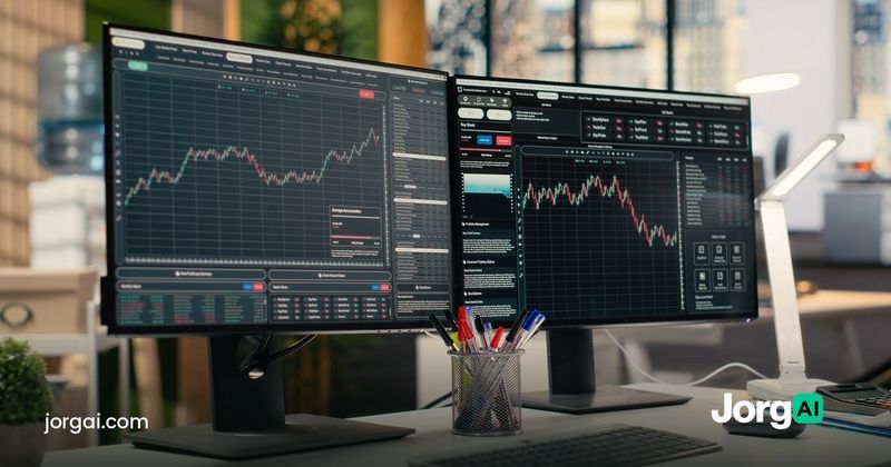 Two trading monitors showing stock charts on a desk, illustrating the stock market ahead of the October 28, 2026 Fed decision
