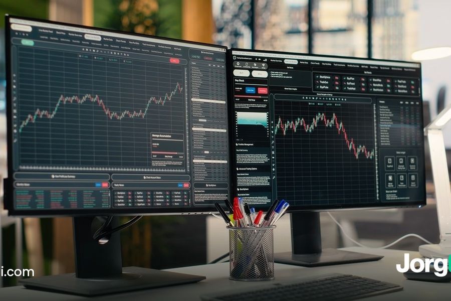 Two trading monitors showing stock charts on a desk, illustrating the stock market ahead of the October 28, 2026 Fed decision