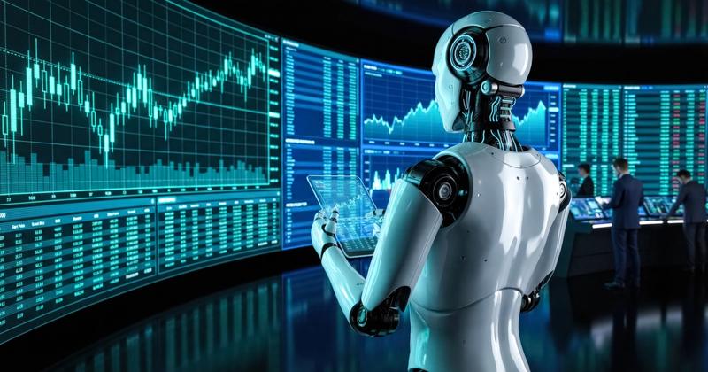 Humanoid AI robot in front of a wall of live trading screens