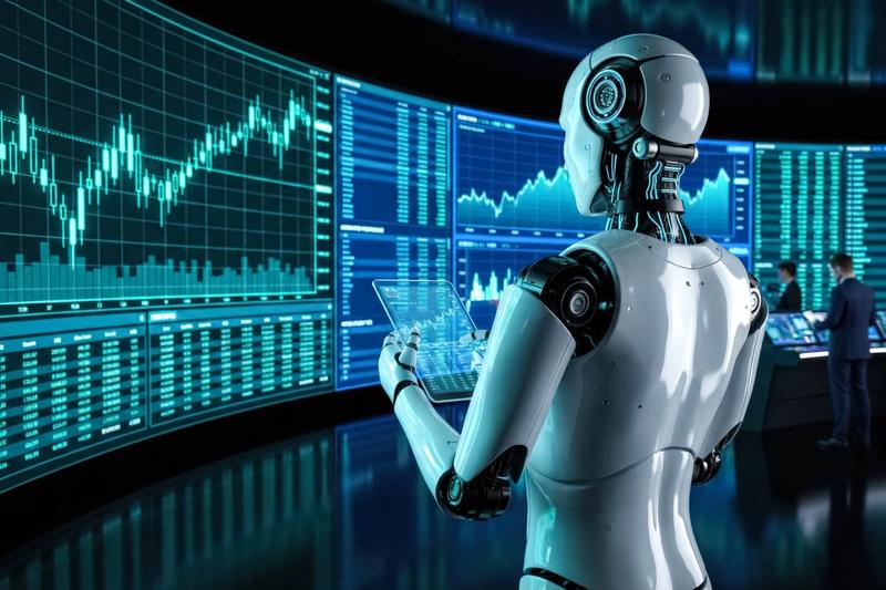 Humanoid AI robot in front of a wall of live trading screens
