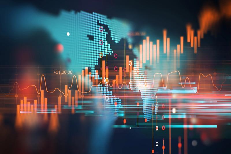 Global market data visualization with charts, representing moving from crypto exchanges to stock market automation