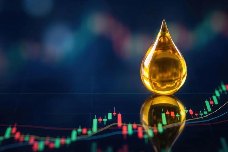 Golden oil droplet over a candlestick chart, representing oil prices moving the stock market