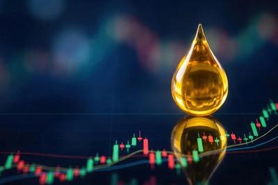 Golden droplet over a candlestick chart, representing precision automated order execution on Tradier