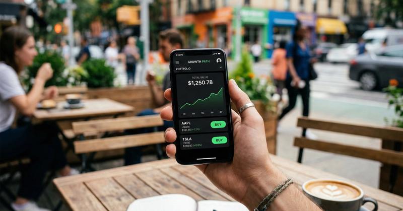 Investor checking a mobile trading app on a phone at a cafe