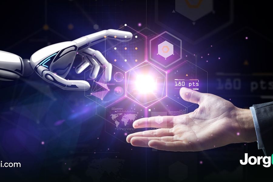 A robot hand and a human hand reaching toward each other over a stock chart, cover for the explainer on AI trading at your broker