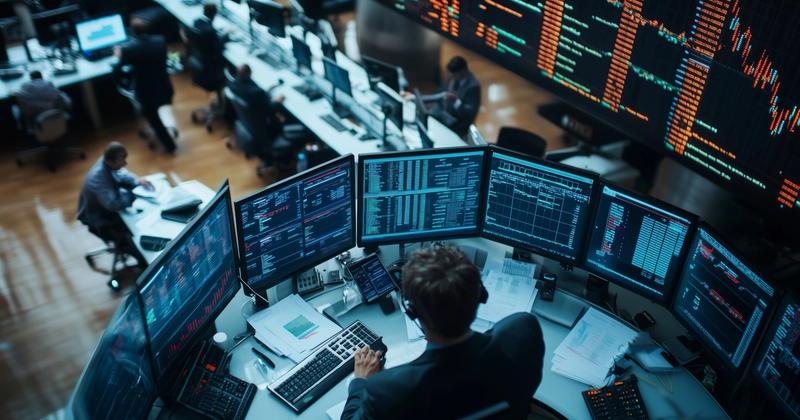 Overhead view of a trading desk with rows of monitors showing sector charts as interest rates rise