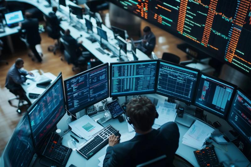 Overhead view of a trading desk with rows of monitors showing sector charts as interest rates rise