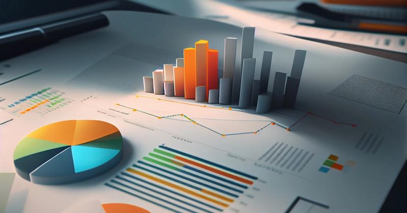 3D bar charts and pie charts on printed reports, representing side by side comparison of trading platforms