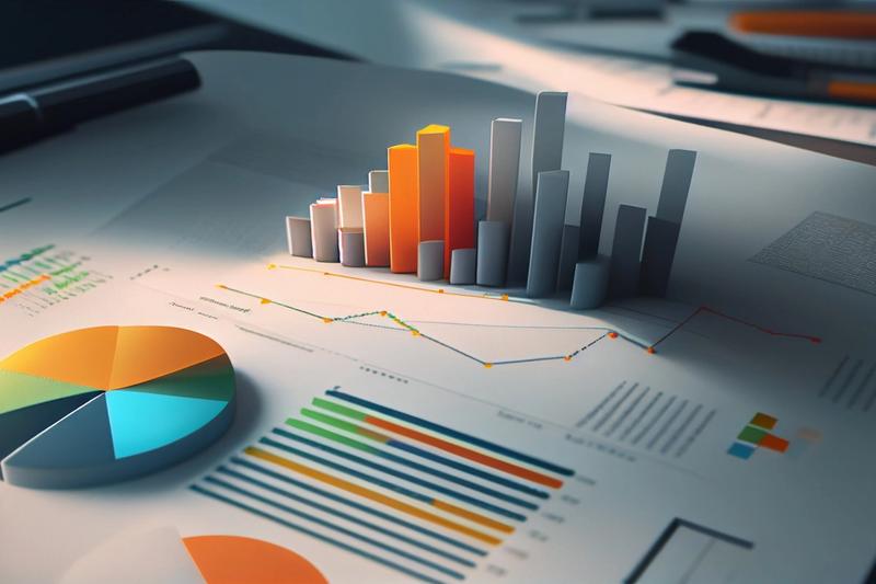 3D bar charts and pie charts on printed reports, representing side by side comparison of trading platforms