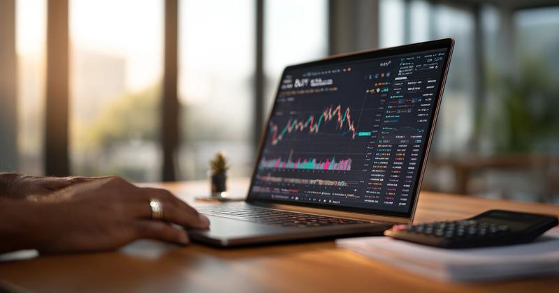 Hand on a laptop showing a candlestick chart at a sunlit desk, representing AI trading software at work