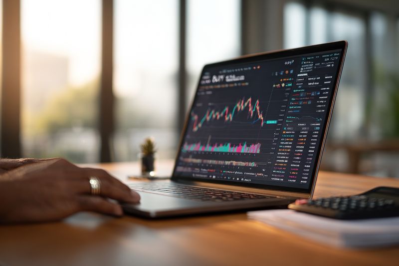 Hand on a laptop showing a candlestick chart at a sunlit desk, representing AI trading software at work