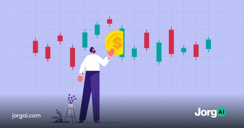 Illustration of a trader placing a coin among red and green candlesticks, cover for the wash sale rule guide