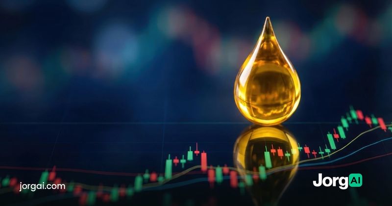 Golden oil droplet over a candlestick chart, oil prices and the stock market