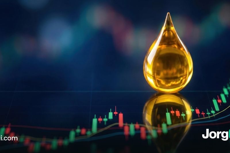 Golden oil droplet over a candlestick chart, oil prices and the stock market