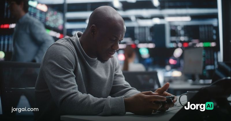 Trader at a desk checking an AI trading app on his phone, illustrating whether AI trading is legitimate