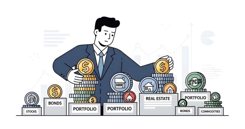 Illustration of a man stacking coins onto labeled piles for stocks, bonds, real estate, and commodities