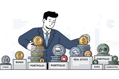 Illustration of a man stacking coins onto labeled piles for stocks, bonds, real estate, and commodities