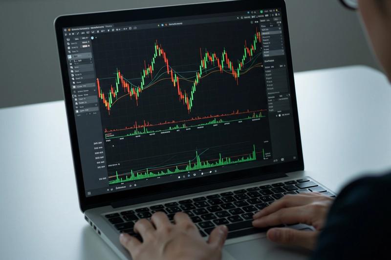 Trader reviewing stock scanner charts on a laptop, representing real-time market scanning software
