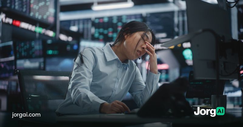 Trader with head in hand in front of market screens, cover for why most traders lose money